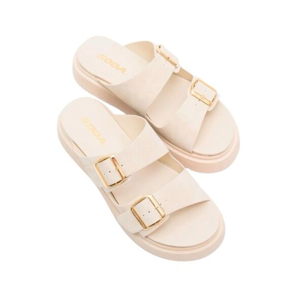 SODA Women's Ivory Double Strap Platform Slide Sandals Gold Buckles Size 10